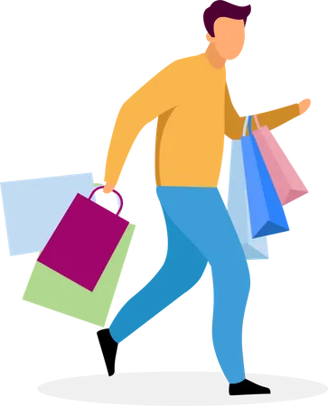 Shopping Rush Flat Vector Illustration Shopper Running In Haste With Bags Cartoon Character Boyfriend Buys Presents For Sweetheart Husband Looking For Christmas Shopaholic Doing Purchases Illustration