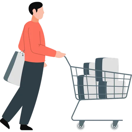 Man walking with shopping cart  Illustration