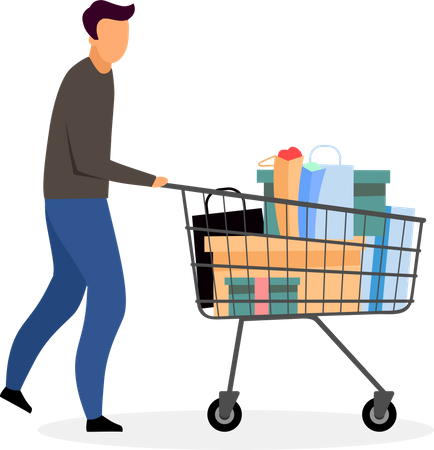 Man walking with shopping cart Illustration
