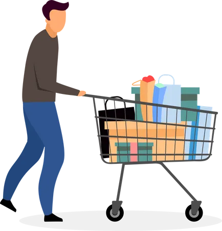 Man Buying Presents Flat Vector Illustration Cartoon Man Pushing Shopping Cart With Gift Boxes Husband Buying Christmas New Year Presents Isolated Character Sales Discounts Season In Boutique Illustration