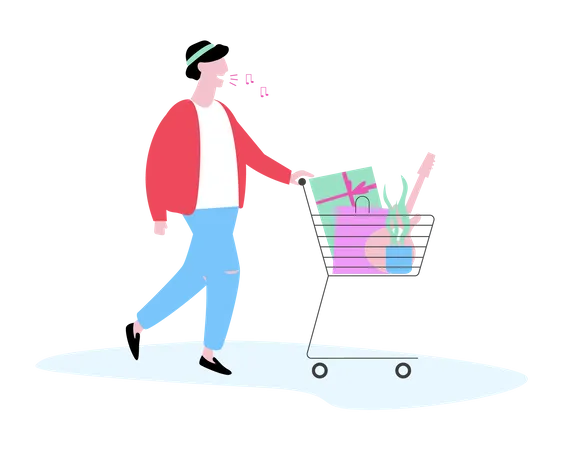 Man walking with shopping cart  Illustration