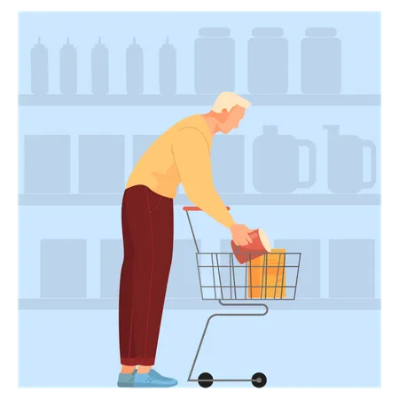 Man walking with shopping cart in supermarket Illustration