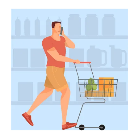 Man walking with shopping cart in supermarket  Illustration