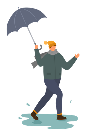 Man walking with umbrella during autumn season  Illustration