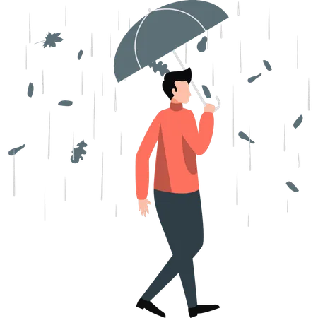 Man walking with umbrella in rainy weather  Illustration