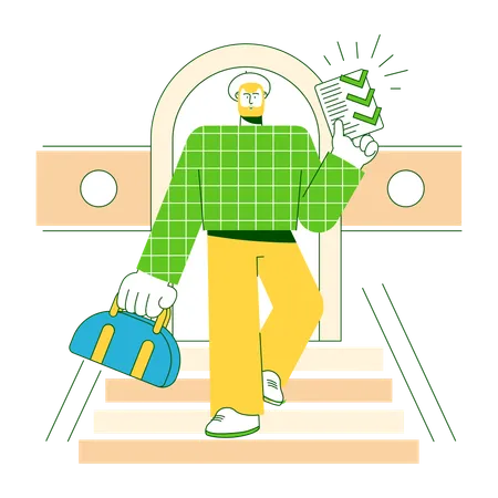 Man walks down the stairs with his work done  Illustration