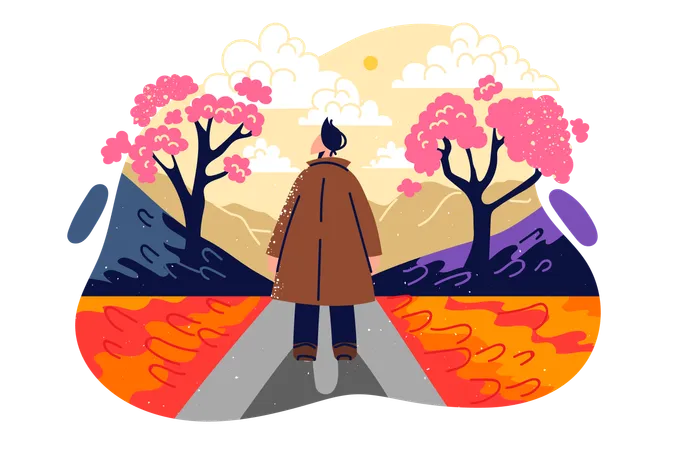 Man Walks In Autumn Park With Blooming Sakura Traveling Through Japan And Stands With Back To Camera Admiring Landscape Autumn Park With Pedestrian Enjoying Contemplation Of Nature Illustration