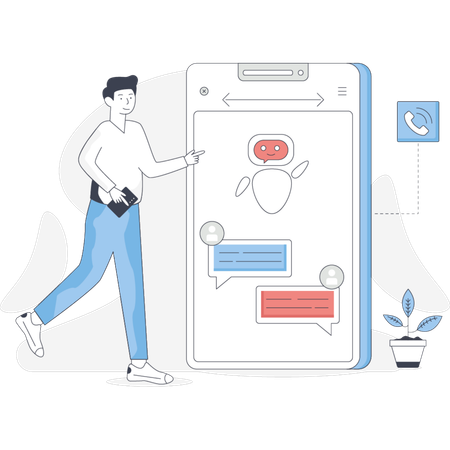 Man walks towards a phone displaying a chat bubble indicating a conversation or message  Illustration
