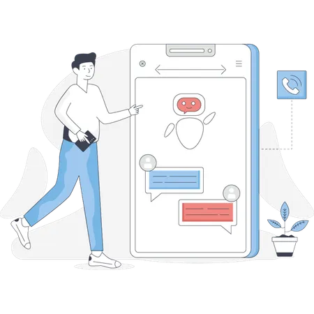 Man walks towards a phone displaying a chat bubble indicating a conversation or message  Illustration