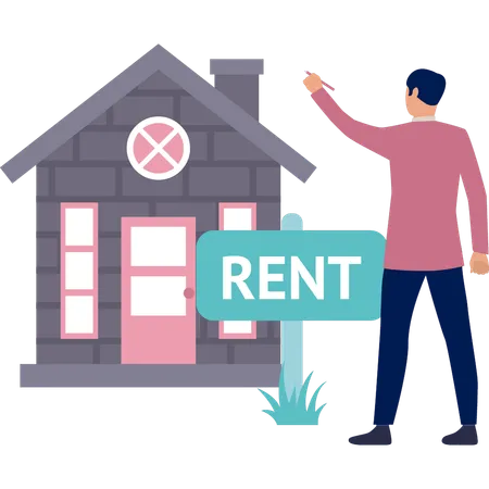 A Boy Is Pointing At A House For Rent Illustration