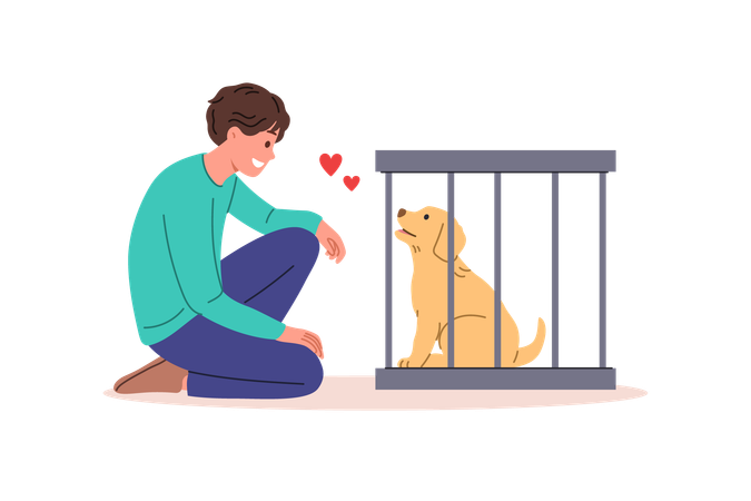 Man wants to adopt dog from shelter and become guardian for pet standing near smiling puppy in cage  イラスト