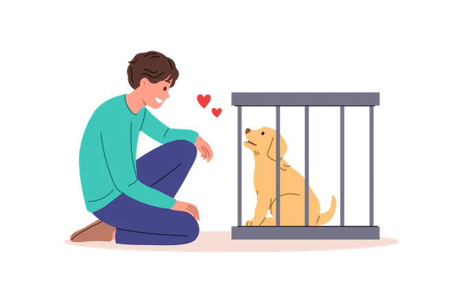 Man wants to adopt dog from shelter and become guardian for pet standing near smiling puppy in cage  Illustration