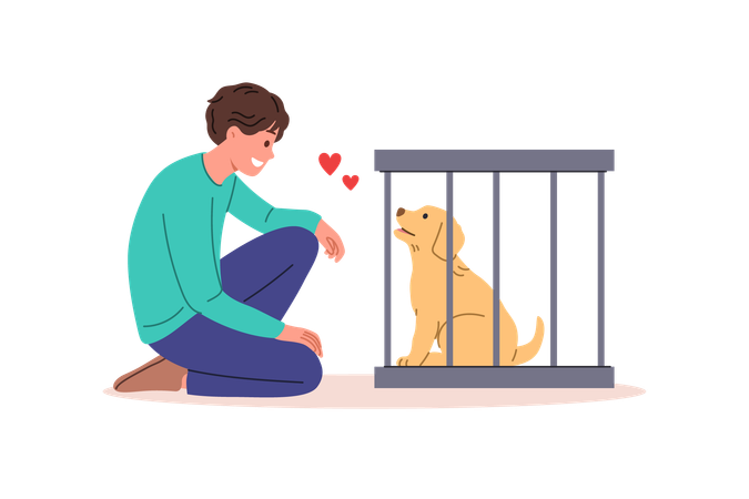 Man wants to adopt dog from shelter and become guardian for pet standing near smiling puppy in cage  Illustration