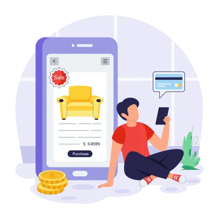 Man wants to buy new sofa for his house  Illustration