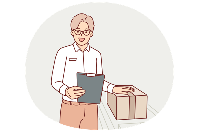 Man warehouse worker stands near conveyor with boxes and holds clipboard checking data on parcels  Illustration
