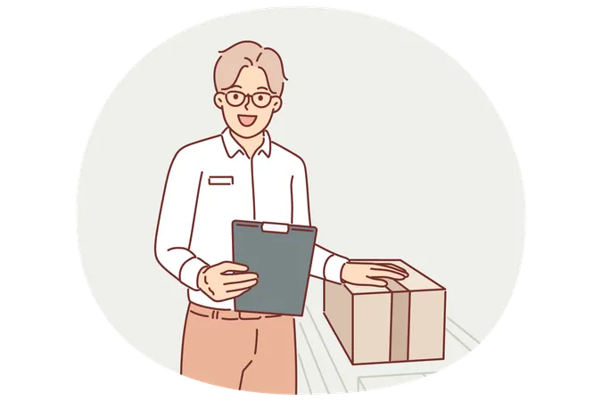 Man warehouse worker stands near conveyor with boxes and holds clipboard checking data on parcels  Illustration