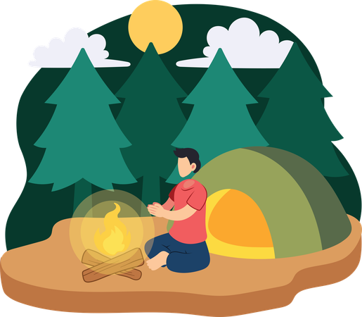 Man warming by campfire  Illustration