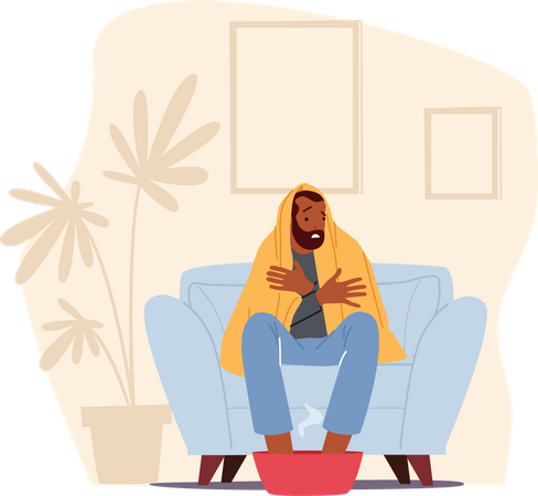 Man warming feet in hot water  イラスト