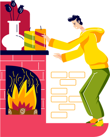 Man warming up at fireplace  Illustration