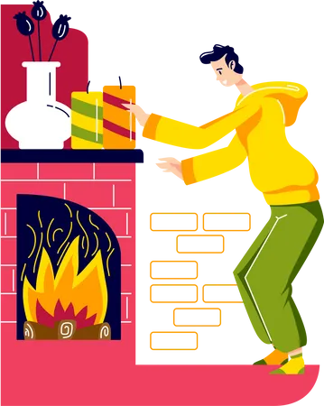 Man warming up at fireplace Illustration