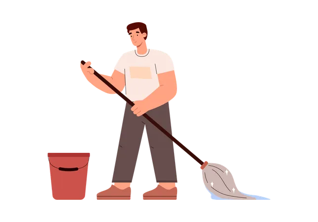 Man washes floor in house with mop  Illustration