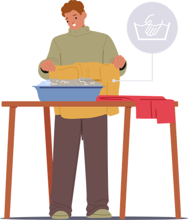 Man washes his clothes in basin  Illustration