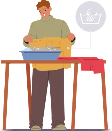 Man washes his clothes in basin  Illustration