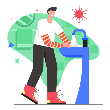 Man washes his hands with soap in sink  Illustration