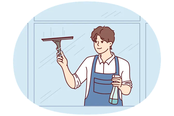 Man washes windows using brush and spray bottle with detergent  Illustration