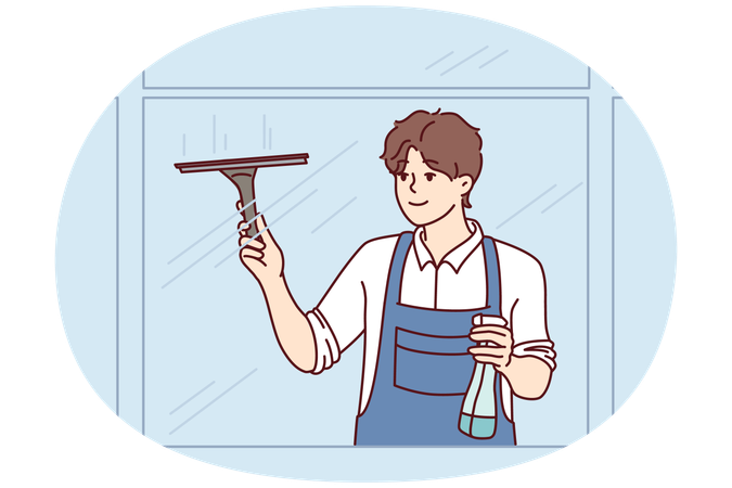 Man washes windows using brush and spray bottle with detergent  Illustration