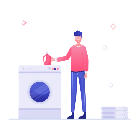 Man washing clothes in washing machine Illustration