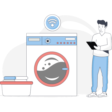 Man Washing Cloths In Auto Machine  Illustration