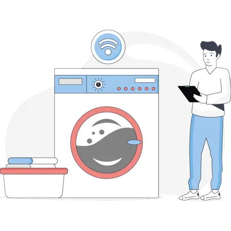 Man Washing Cloths In Auto Machine  Illustration