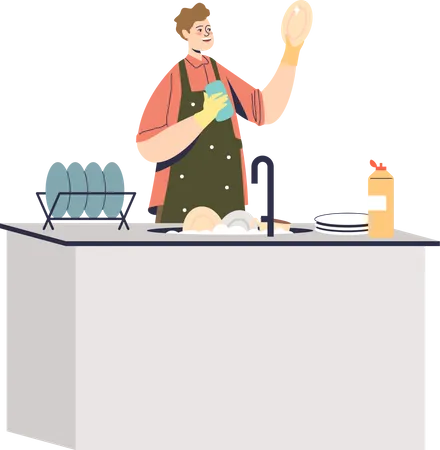 Man washing dishes at home Illustration