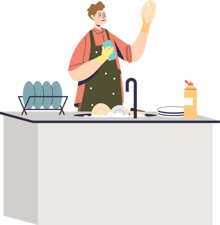 Man washing dishes at home  Illustration