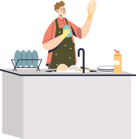 Man washing dishes at home  Illustration