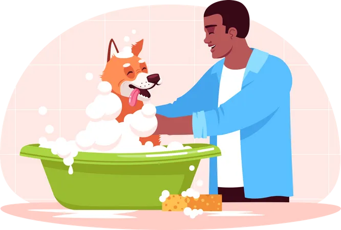 Man Washing Dog Semi Flat RGB Color Vector Illustration Cleaning Domestic Animal In Bath Puppy Hygiene Shower For Doggy Pet Owner With Dog Isolated Cartoon Character On Pink Background Illustration