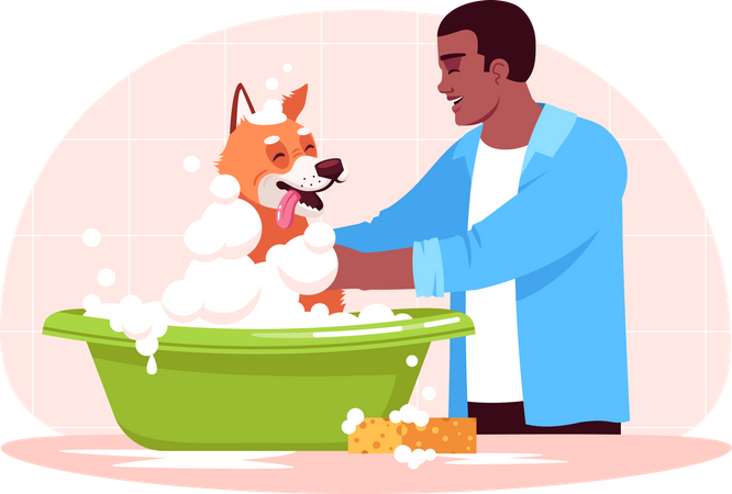 Man washing dog  Illustration