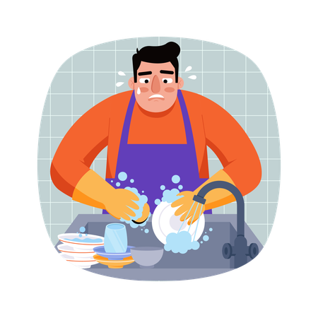 Man washing plats in kitchen  Illustration