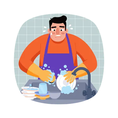 Man washing plats in kitchen  Illustration