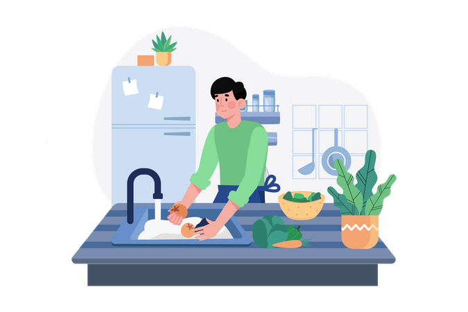 Man washing vegetables in kitchen Illustration