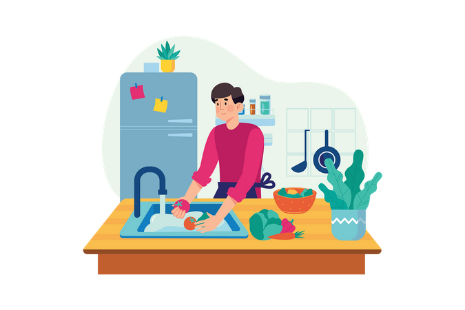 Man washing vegetables in kitchen  Illustration