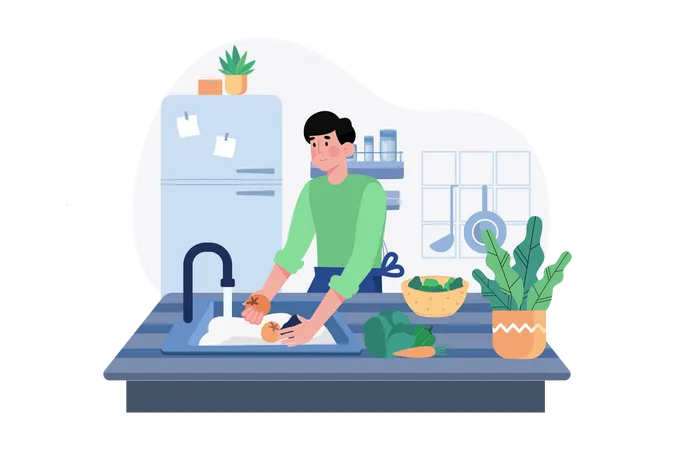 Man washing vegetables in kitchen  Illustration