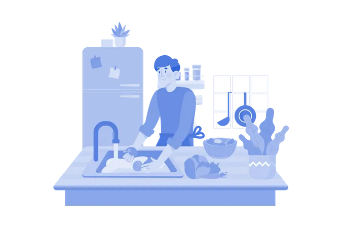Man washing vegetables in the kitchen  イラスト