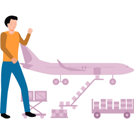 Man watches loading of parcel in flight  イラスト