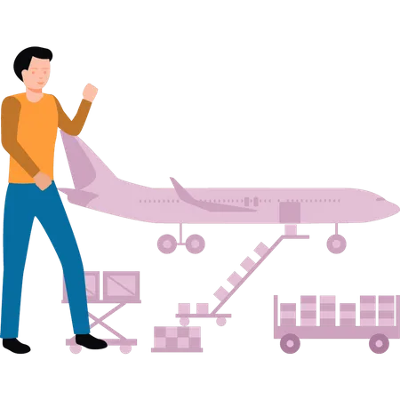 Man watches loading of parcel in flight  イラスト