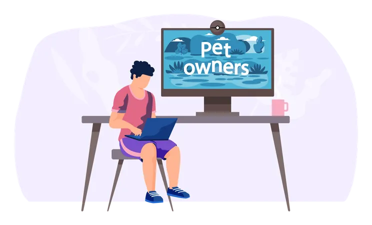 Video Blog For Pet Owners Young Man Sitting With Laptop Near Computer Screen With Lettering Information Channel About Cats And Dogs Domestic Animal Care Concept Flat Vector Illustration Illustration