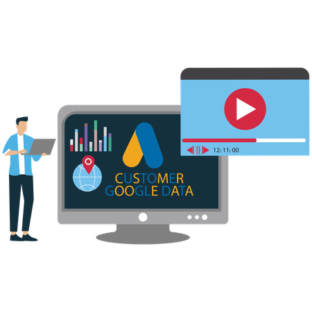 Man watching customer goggle data on laptop  Illustration
