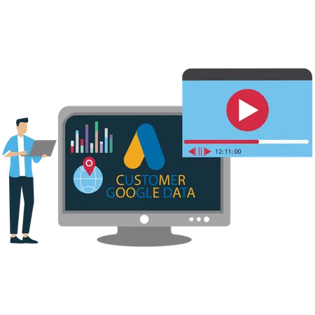 Man watching customer goggle data on laptop  Illustration
