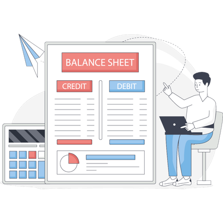 Man watching debit and credit detail on balance sheet  Illustration